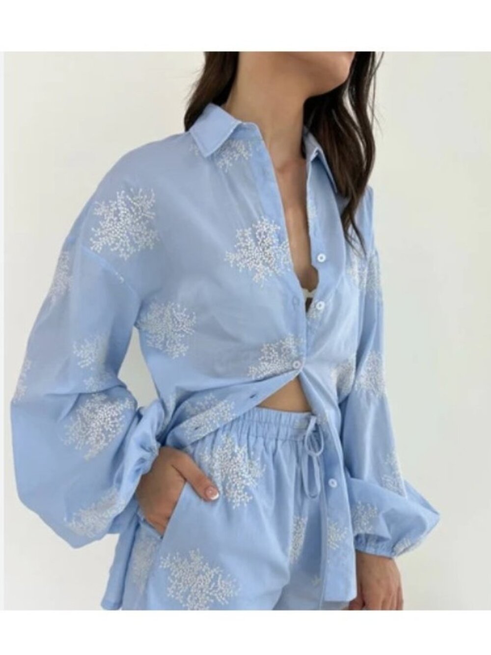 COMMENSE Semi Sheer Plant Embroidered Button Up Shirt Womens XL Light Blue NWT